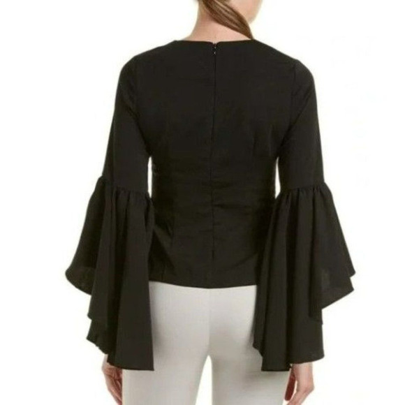Gracia Black Ruffle Bell Sleeve Top Blouse Zip Up Black Women's Size Small - Picture 1 of 7